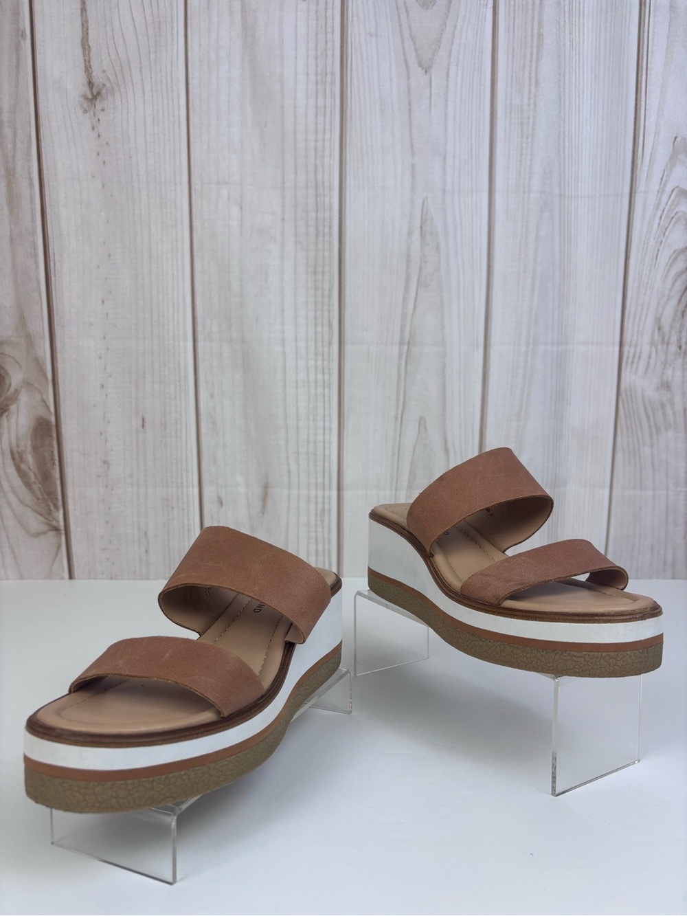 Lucky Brand Leather Platform Slide Sandals Double Strap Wedge Shoes Brown Size 7 - Picture 3 of 16